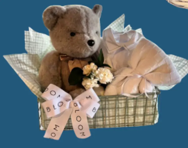 CESTA COM FLORES, URSO, ROUPINHA E MANTA